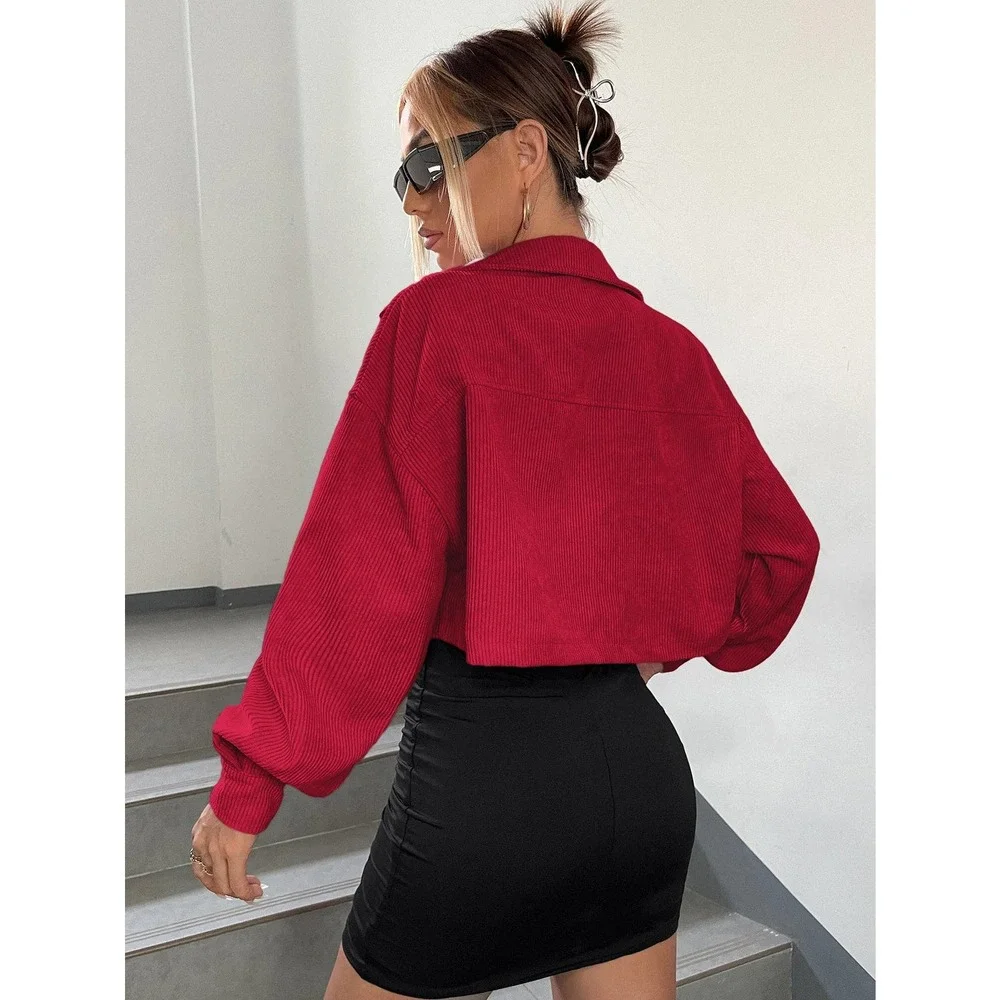 Minimalist Drop Shoulder Crop Corduroy Jacket shacket coat - Picture 10 of 11